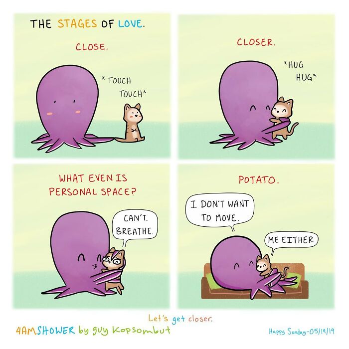 Cute lighthearted animal comics showing stages of love with an octopus and cat growing closer and hugging.
