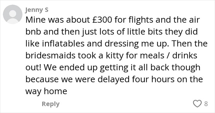 Comment discussing the costs and expenses associated with hen parties amid internet debates about paying for them.