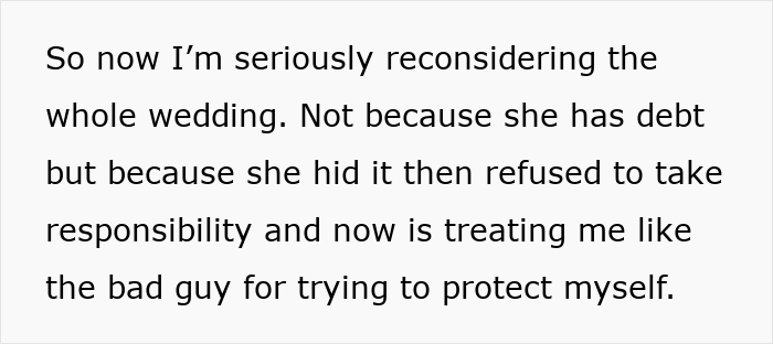 Text message discussing reconsideration of wedding due to secret credit card debt and refusal to take responsibility.
