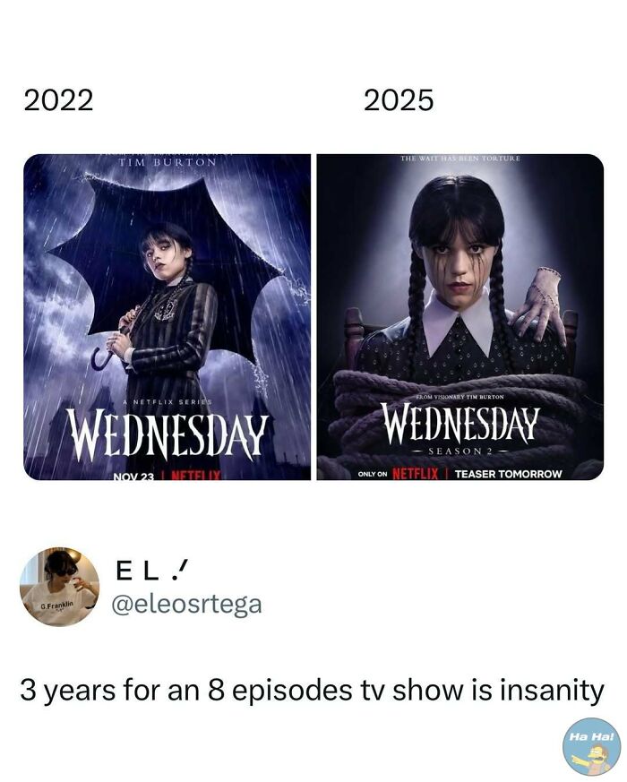 Comparison meme showing Wednesday TV show posters from 2022 and 2025, mocking posts about long wait for new episodes.
