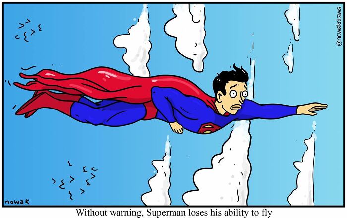Comic panel showing a superhero resembling Superman flying awkwardly among clouds, illustrating absurd humor by an artist.