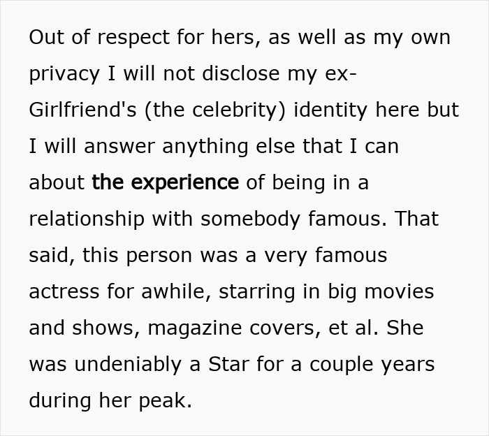Alt text: Man shares the experience of dating a famous actress starring in movies and shows during her peak years.