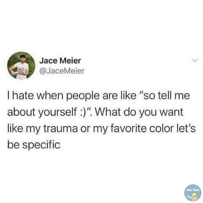 Tweet mocking post joke about sharing personal details such as trauma or favorite color with a sarcastic tone.