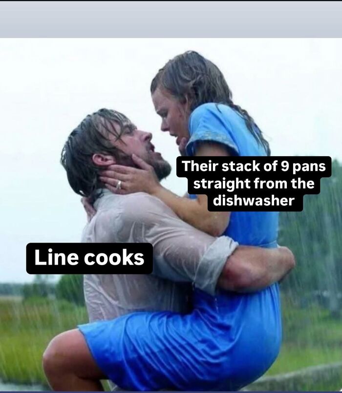 Scene from a movie with two people embracing in the rain, humorously illustrating working in hospitality challenges.