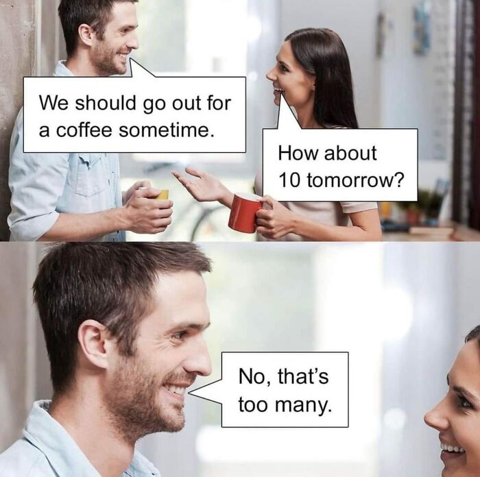 Man and woman having a sarcastic conversation over coffee mugs, illustrating humor about taking life less seriously.