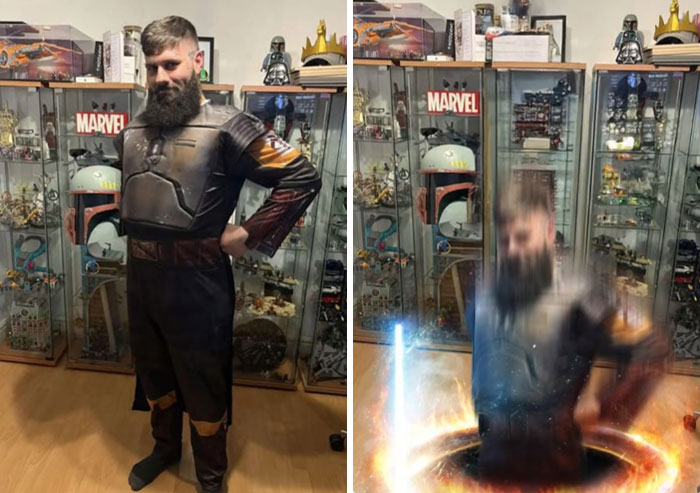 Man in costume next to a humorous Photoshop edit showing a glowing portal with light effects, illustrating funny Photoshop edits.