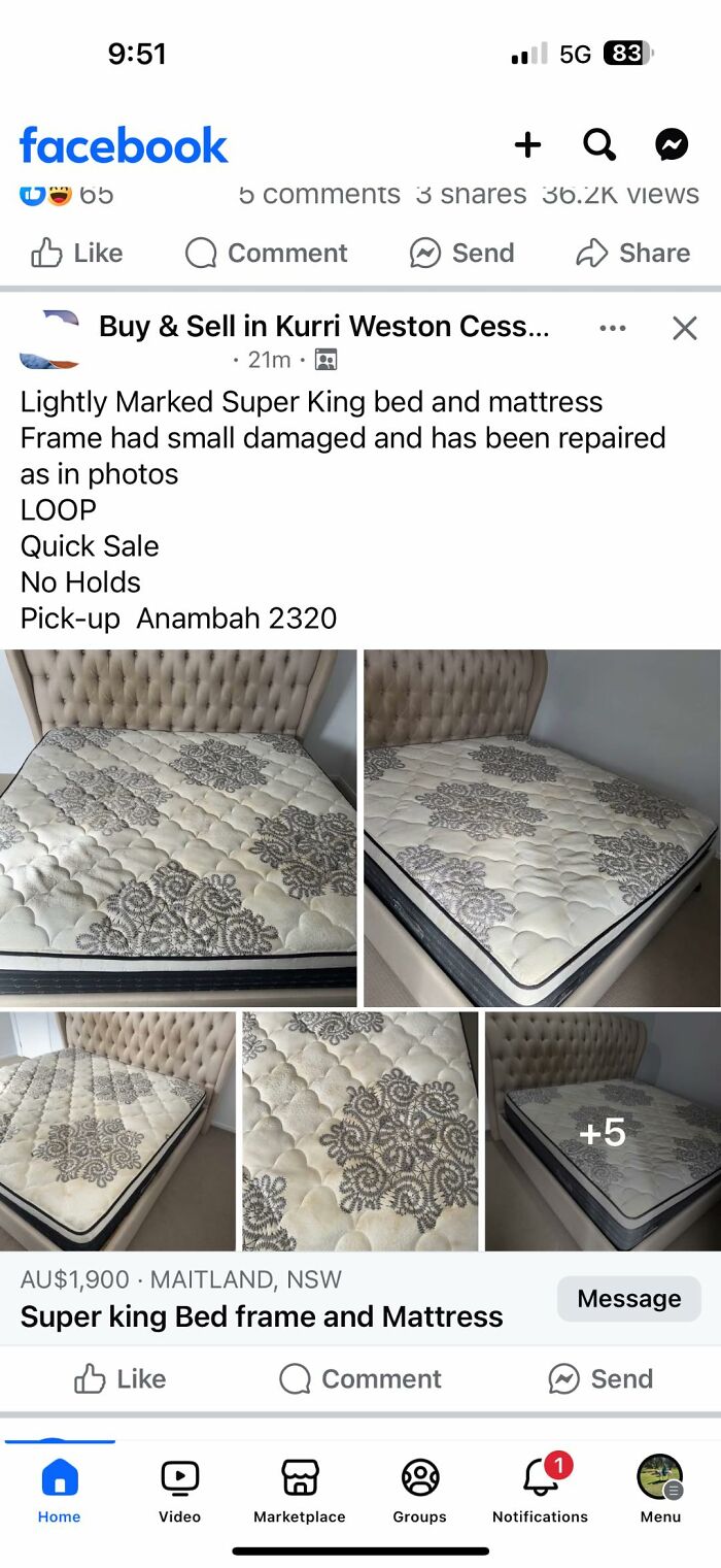Super king bed frame and mattress with repaired damage listed for quick sale on Facebook Marketplace in Maitland NSW.