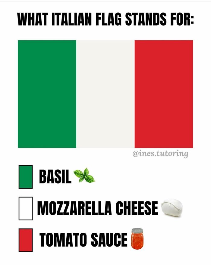 Humorous hospitality meme showing the Italian flag colors representing basil, mozzarella cheese, and tomato sauce.