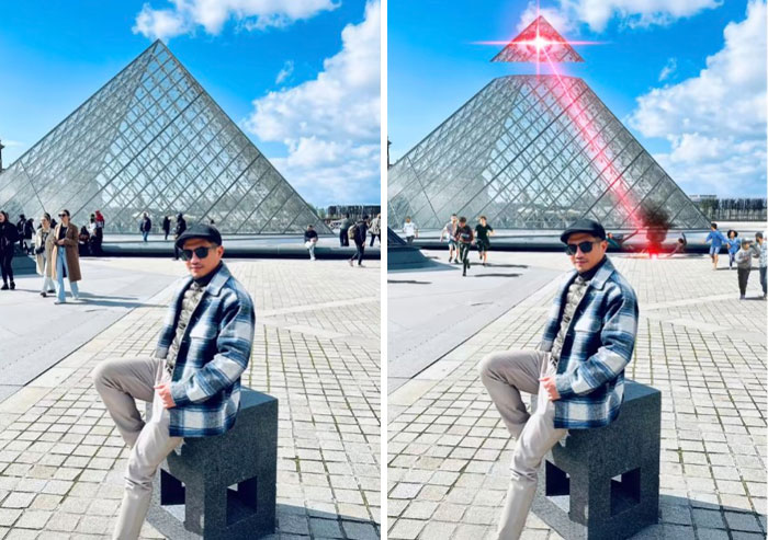 Man sitting in front of Louvre Pyramid with a humorous Photoshop edit adding a glowing laser beam and floating pyramid top.