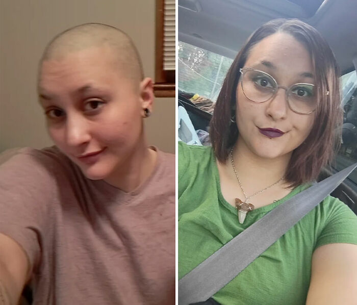 Person showing a hair transformation from a shaved head to medium-length styled hair with glasses and makeup.