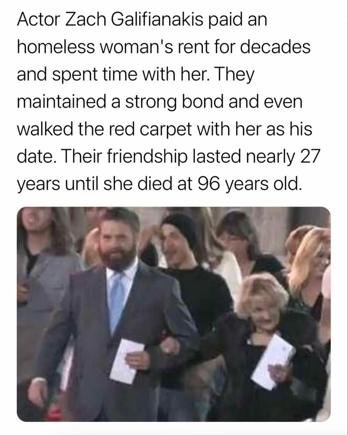 Actor Zach Galifianakis walking the red carpet with a homeless woman, showcasing a secret fact about their long friendship.