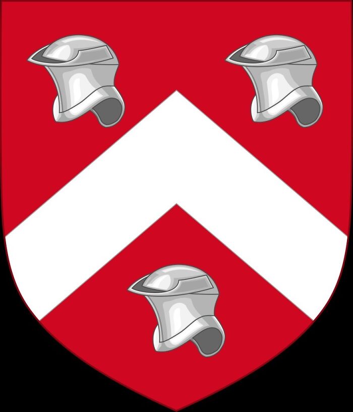 Red medieval shield with three knight helmets and a white chevron symbol representing royal history facts.