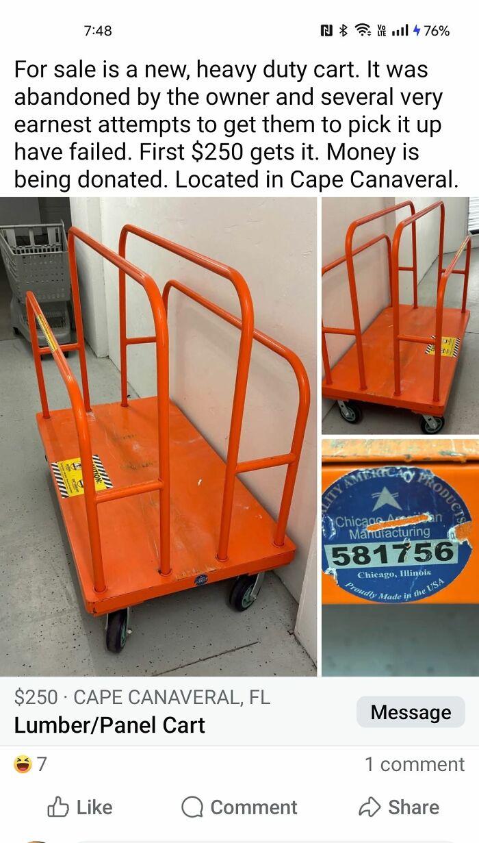 Heavy duty orange lumber panel cart for sale on Facebook Marketplace, located in Cape Canaveral, priced at $250.