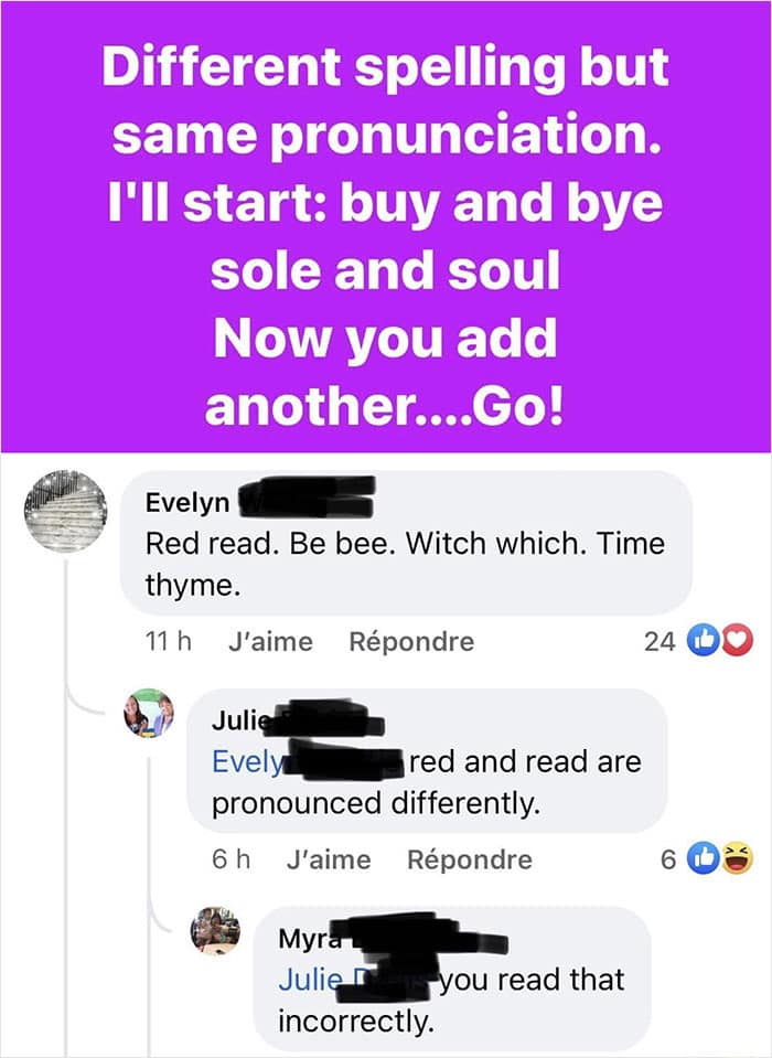 Social media post showing online group shaming overconfident know-it-alls for incorrect pronunciation corrections.