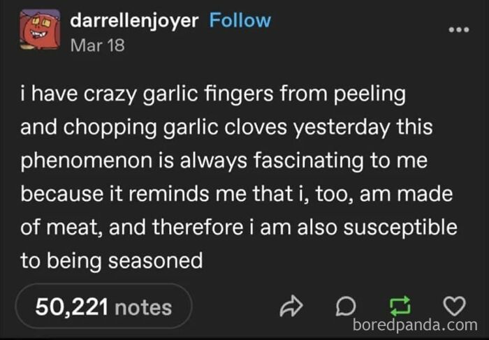 Text post about getting garlic smell on fingers from peeling and chopping, relatable to working in hospitality experiences.