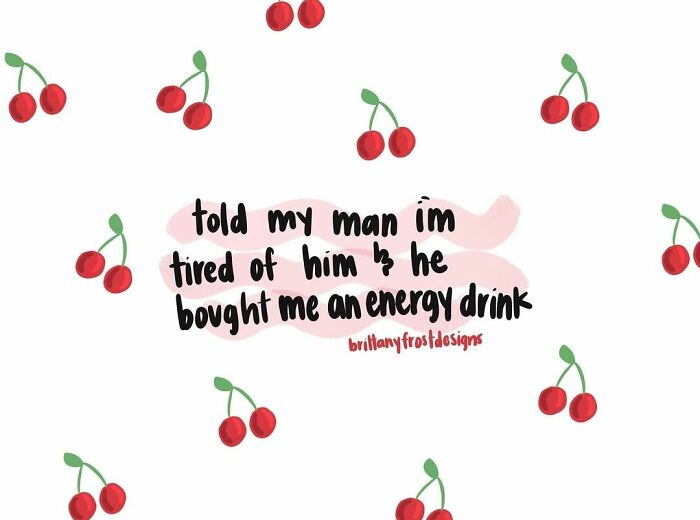 Handwritten quote about love and energy drink surrounded by cute cherry illustrations, cute and wholesome posts theme.