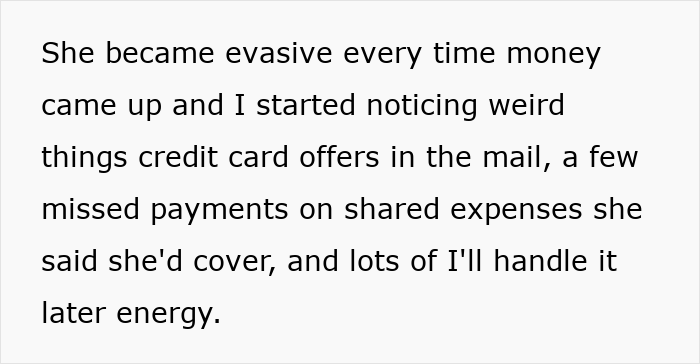 Text describing secret credit card debt concerns causing bride-to-be to reject prenup during financial discussions.