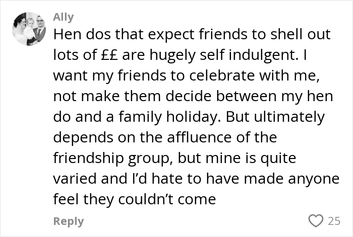 User comment discussing the cost expectations of hen parties and how paying for hen parties may have gotten out of hand.
