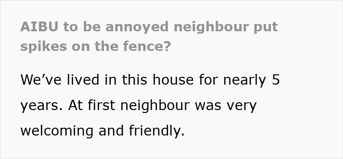 Text discussing a couple’s mad neighbor putting spikes on fence after they got an outdoor cat, sparking online debate. Text discussing a couple’s mad neighbor putting spikes on fence after they got an outdoor cat, sparking online debate.