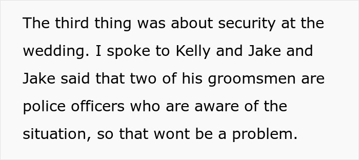 Text discussing wedding security, mentioning groomsmen who are police officers aware of the situation and prepared for any issues.