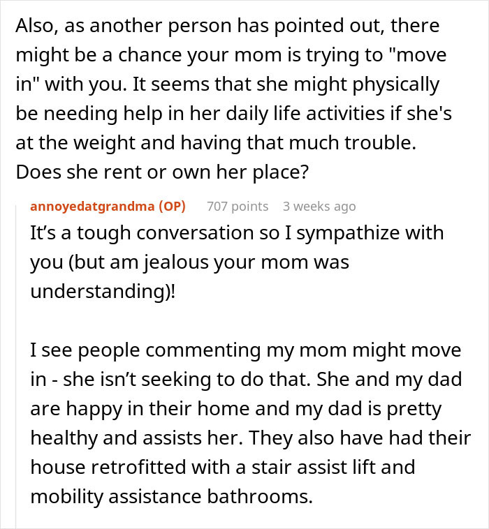 Text screenshot showing a Reddit discussion about an obese mom and caregiving needs, related to fat shaming concerns.