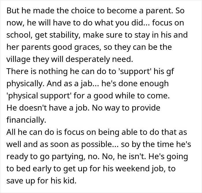 Text excerpt discussing a teen son who got his girlfriend pregnant on purpose, focusing on responsibility and support.