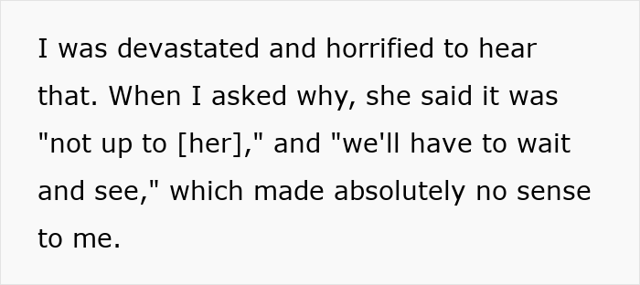 Text excerpt showing a pregnant lady horrified as a caseworker claims they might not take baby home after delivery.