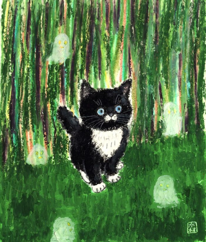 Black and white cat with blue eyes in a green forest surrounded by ghostly figures, adorable artwork for cat lovers.