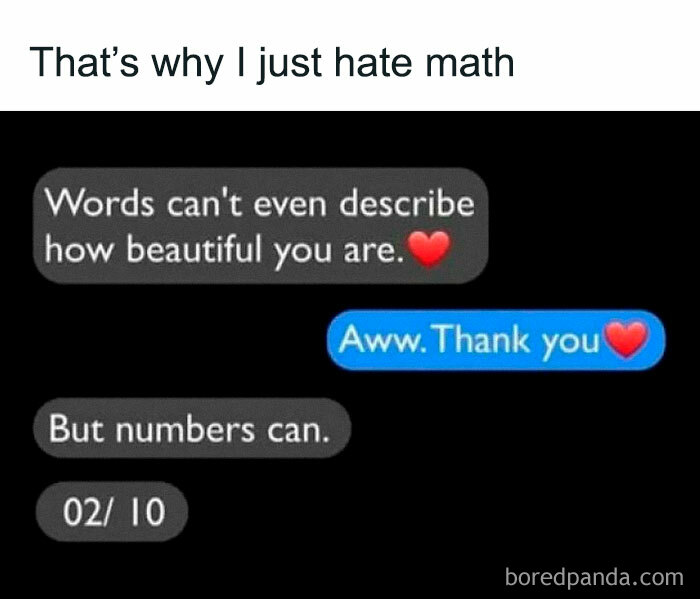 Text message meme showing a funny exchange about math and numbers, featured on a hilarious memes Facebook page.