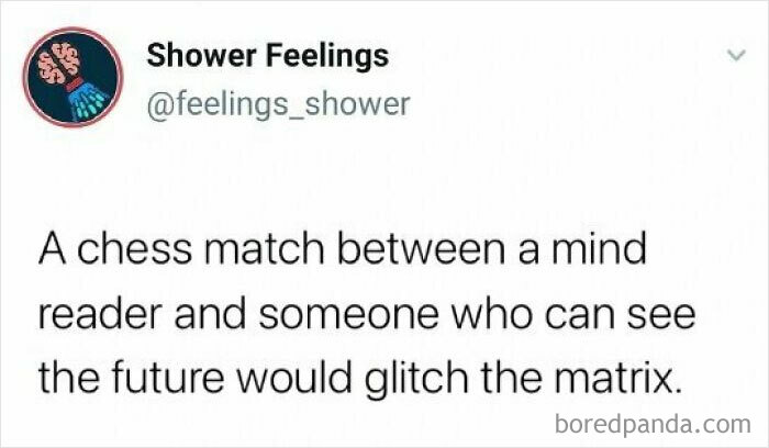 Twitter post from Shower Feelings about a chess match idea to occupy your brain while showering.