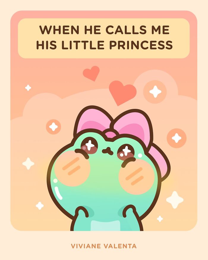 Cute frog illustration with a pink bow and hearts, part of food puns and cute frogs by Viviane Valenta.