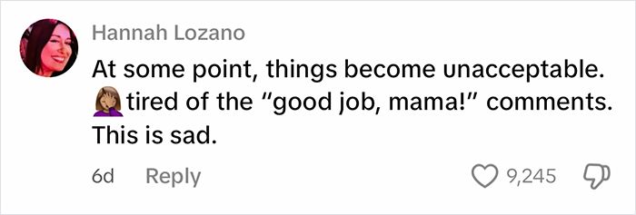 Comment from Hannah Lozano expressing frustration about "good job, mama" comments related to cleaning a filthy car.
