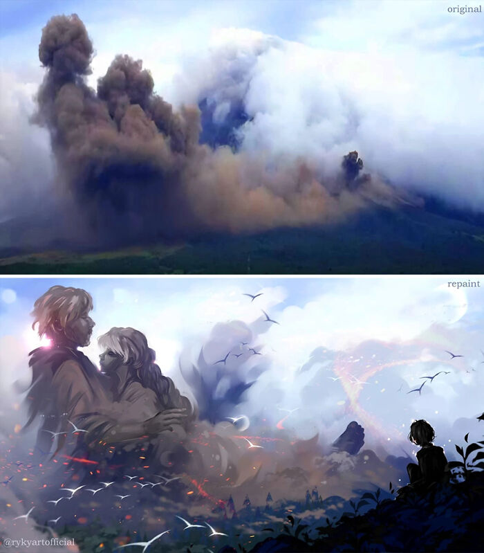 Volcanic eruption transformed into a fantastical world by artist repainting photos to reveal another reality.