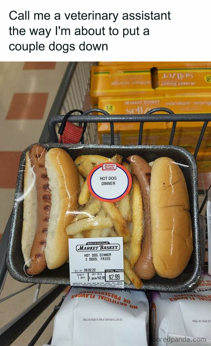 Packaged hot dog dinner with fries in a grocery cart, featured in funny relatable silly memes from Instagram.
