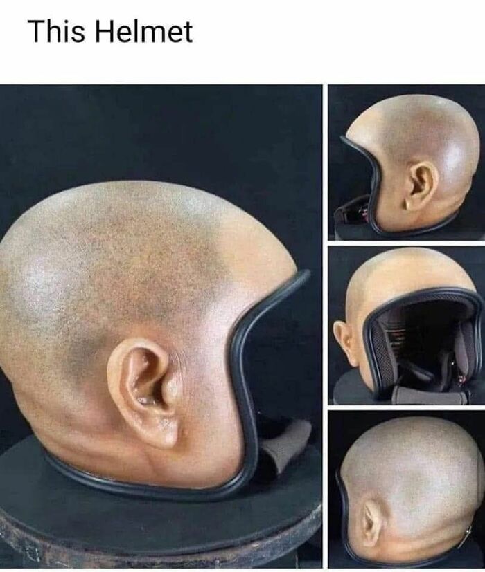 Realistic helmet designed to look like a human head, featured in funny memes to lighten a hard day.