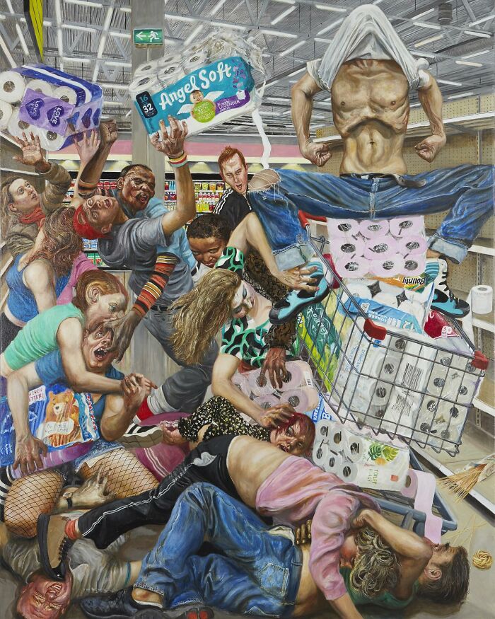 Chaotic supermarket scene illustrating social tensions and humorous layers in art of contradiction by the artist.