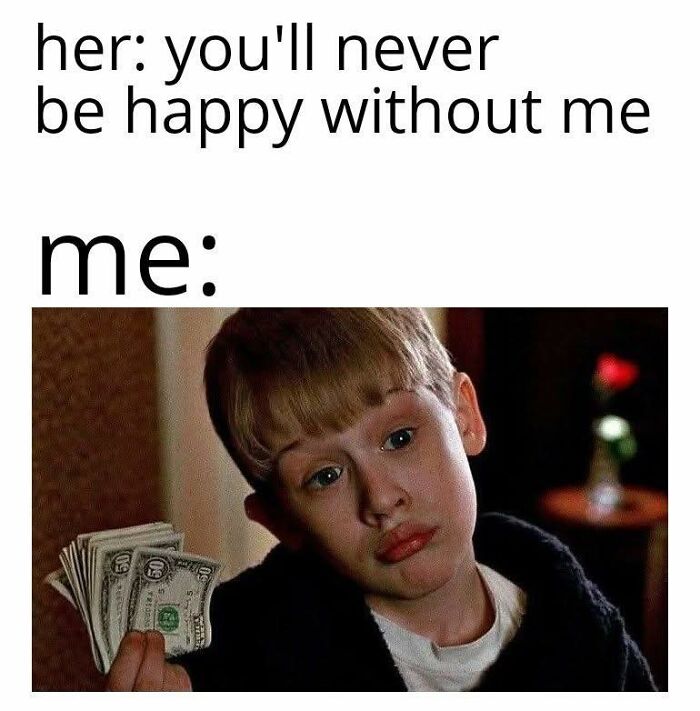 Meme showing a young boy holding money with a caption about happiness, part of funny posts to share.