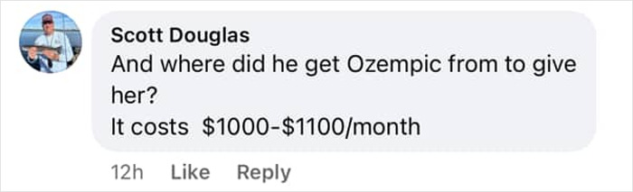 Screenshot of a social media comment questioning the source and cost of Ozempic medication. Screenshot of a social media comment questioning the source and cost of Ozempic medication.