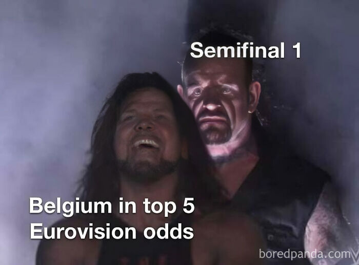 Dramatic scene from Semifinal 1 with Belgium in top 5 Eurovision odds meme capturing tension in 2025 Eurovision Song Contest.
