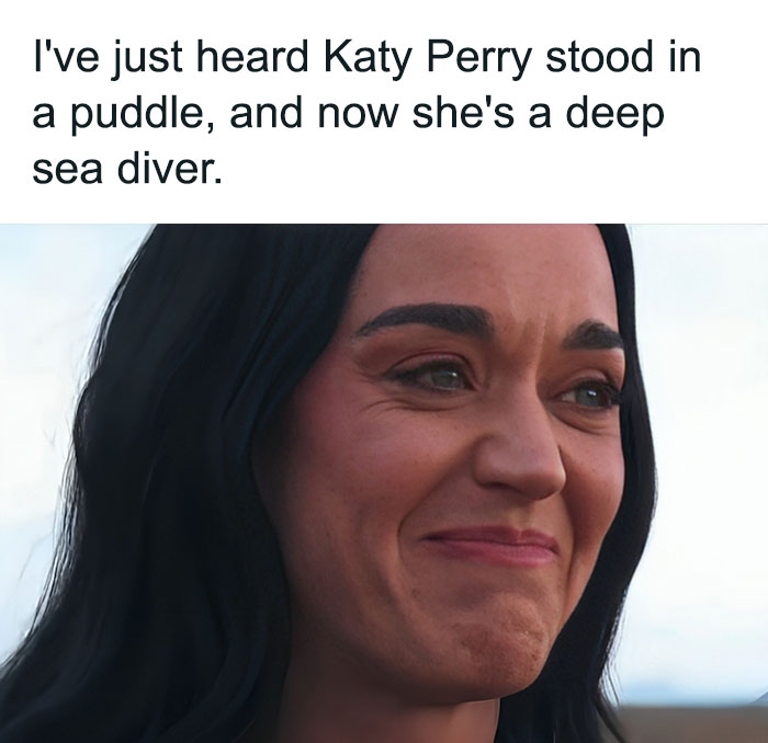 Woman smirking with text meme about Katy Perry standing in a puddle, related to vegan memes balancing on the brink of offense.