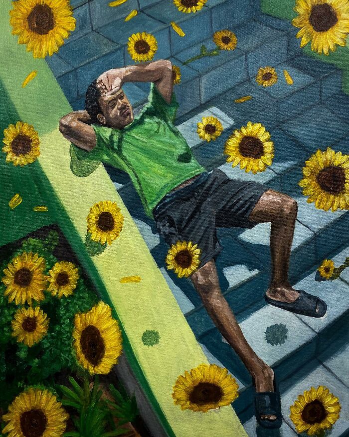Man in green shirt lying on stairs surrounded by sunflowers, illustrating colours, space, and identity in painting.