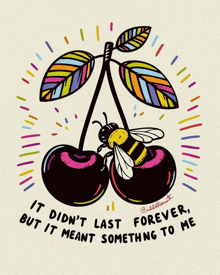 Colorful art therapy illustration of a bee on cherries with vibrant leaves expressing emotional vulnerability.