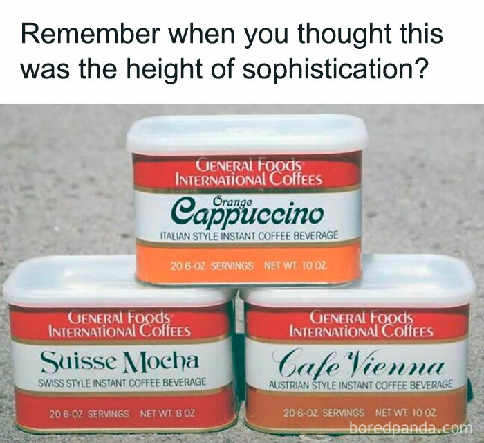 Vintage General Foods instant coffee tins from the 80s stacked with nostalgic retro packaging design.