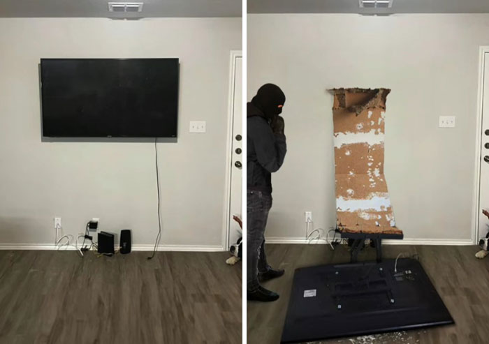 Split image showing a TV mounted on a wall and the same wall with a TV removed to reveal humorous Photoshop edits.