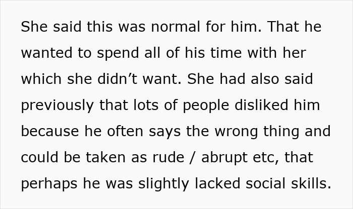 Text excerpt describing concerns about a new romance, highlighting social skill issues and initial red flags noticed.