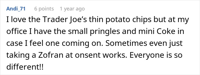 Comment about using small Pringles and mini Coke to help treat migraines, highlighting French fries and Diet Coke as remedies.