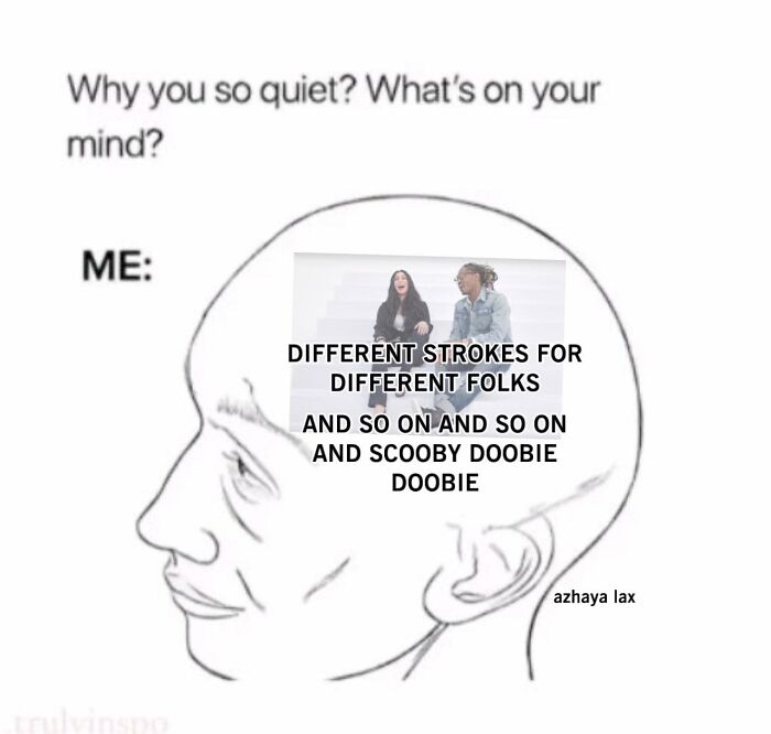Illustration showing quiet person’s mind filled with a funny, wholesome post shared by a dedicated group of girlies.