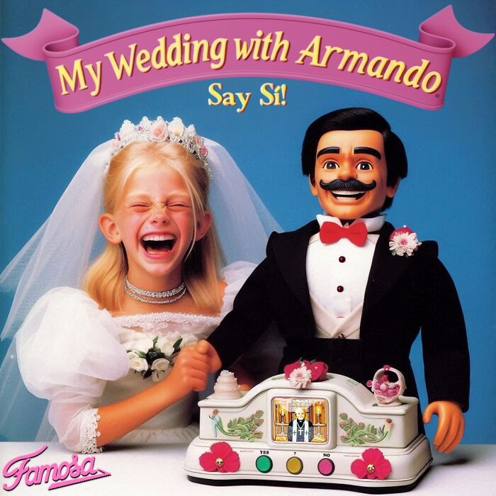 A young girl laughing next to a dark, creepy wedding toy featuring a groom doll in a tuxedo and interactive buttons.