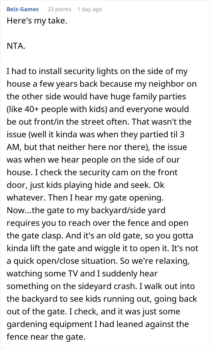 User comment describing neighbor child's digging ruining lawn causing security concerns and gate issues.