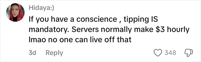 Comment from Hidaya upset about low server hourly wages and mandatory tipping shared on social media discussing waitress tips.